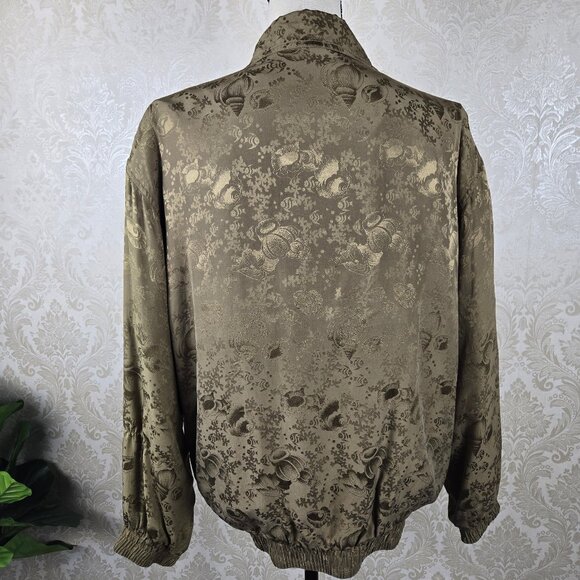 FUDA International Sz Large Olive Green 100% Silk Bomber Jacket Seashell Pattern - Picture 8 of 14